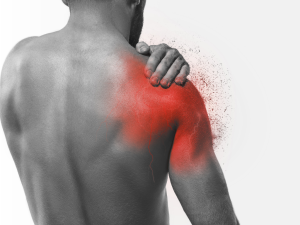 A man holding his shoulder with a red-highlighted area, symbolizing pain and discomfort, emphasizing remedies for neck and shoulder pain relief