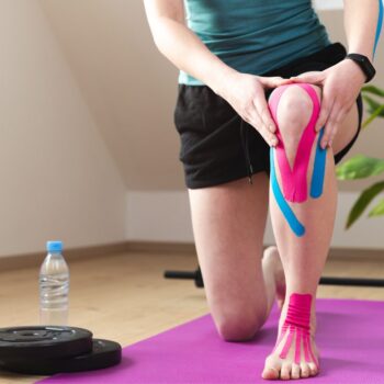 A person applying KT tape to their knee for support and pain relief, showcasing kinesiology tape uses for injury prevention and recovery during physical activity