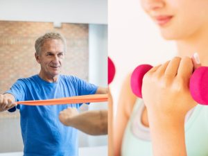 Man performing fitness rubber band exercises and a close-up of a woman using dumbbells for strength training.