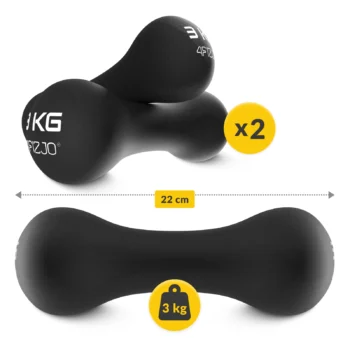 Two black 3kg 4FIZJO dumbbells with vinyl coating shown with a 22cm length measurement and a visual label indicating a set of 2