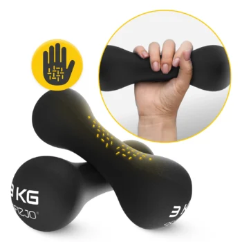 Close-up of a hand gripping a black 3kg vinyl-coated dumbbell by 4FIZJO, highlighting the comfortable, non-slip surface texture.