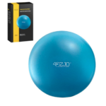 Blue Pilates ball measuring 22cm shown next to product packaging, used for balance, core workouts, and physiotherapy routines.
