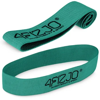 A green fabric resistance loop band with the brand name "4FIZJO PHYSIOTHERAPY & SPORT" printed in black on the side. The band is shown both rolled up and laid flat in a loop, highlighting its texture and elasticity.