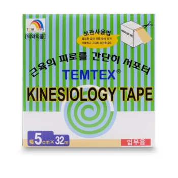 Front view of Temtex Kinesiology Tape box with green and white stripes, showing product branding and 5cm x 32m size label