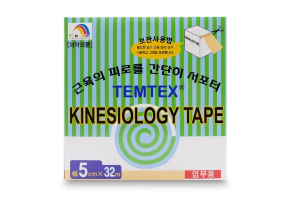 Front view of Temtex Kinesiology Tape box with green and white stripes, showing product branding and 5cm x 32m size label