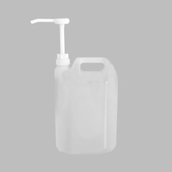 White 5L pump dispenser securely fitted into a 5 litre container, ready for dispensing thick liquids like creams, soaps or oils.