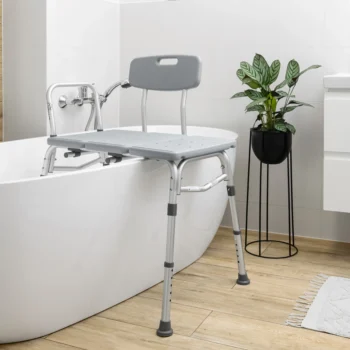 Bath Seat Transfer Bench positioned in a bathtub with two legs inside and two legs outside, showing safe and accessible bathing setup.