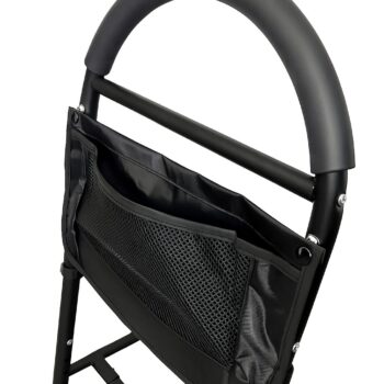 Close-up of the foam-padded handle and securing strap on the Bedside Rail with Legs, highlighting comfort and stability features.