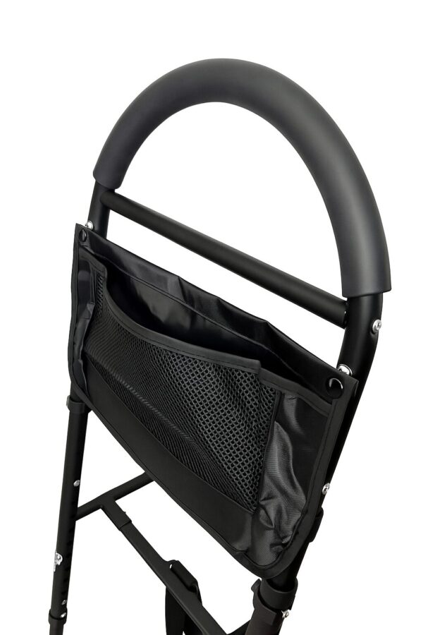 Close-up of the foam-padded handle and securing strap on the Bedside Rail with Legs, highlighting comfort and stability features.