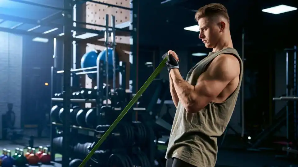 Young male athlete training his biceps with thick resistance bands in the gym.