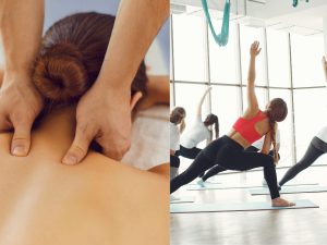 Collage showing a deep tissue massage session and a yoga class, highlighting the benefits of combining massage and exercise for recovery and relaxation