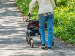 Image of an elderly lady walking in the park using a rollator. She is coming back from shopping as she has groceries in the rollator's basket.