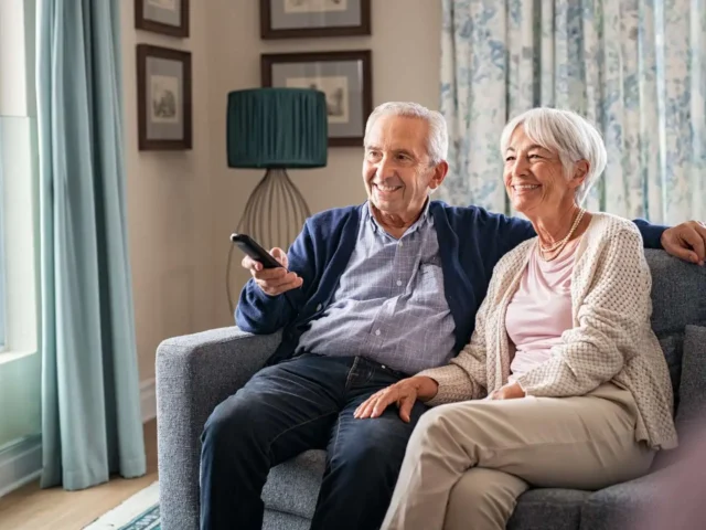 elderly couple sitting on the sofa and watching tv.