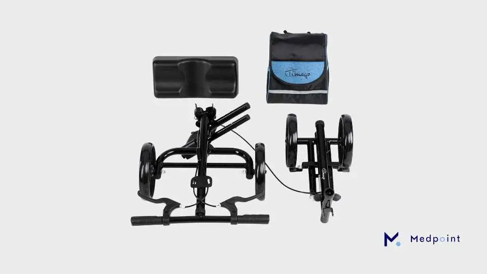 A knee scooter taken apart to demonstrate how easy it is to maintain.