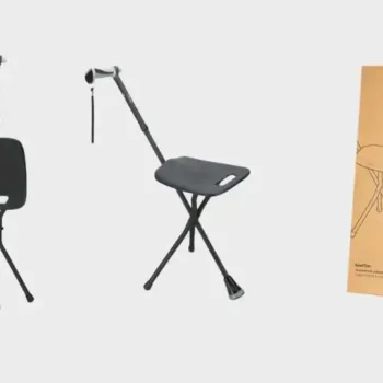 Walking stick with seat shown in three views: folded for carrying, unfolded for sitting, and packed inside its box