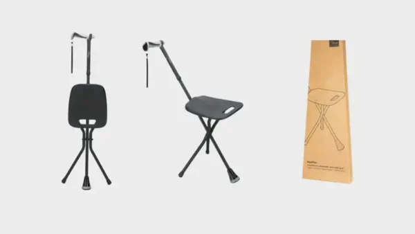 Walking stick with seat shown in three views: folded for carrying, unfolded for sitting, and packed inside its box