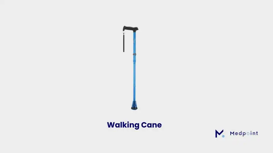 A blue walking cane designed of aluminium and designed specifically as a medical support device.