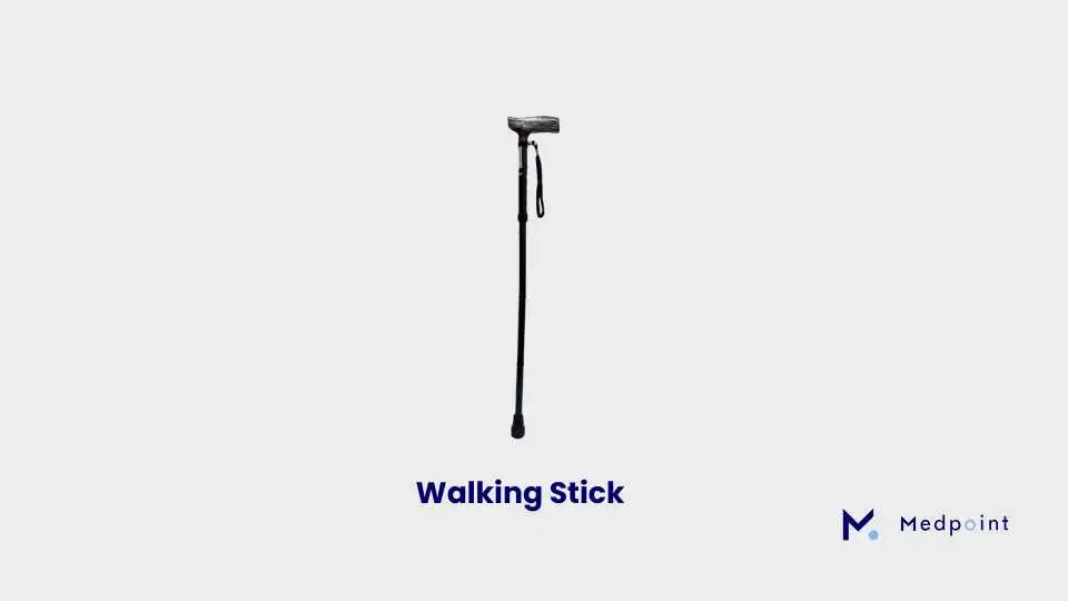 A black walking stick with wooden handle.