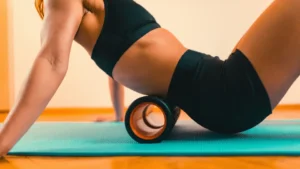 A woman using foam roller for lower back pain on a blue exercise mat.