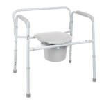 A sturdy, foldable bariatric commode chair with adjustable legs, armrests, a plastic seat lid, and a removable bucket for easy sanitation.