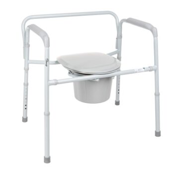 A sturdy, foldable bariatric commode chair with adjustable legs, armrests, a plastic seat lid, and a removable bucket for easy sanitation.
