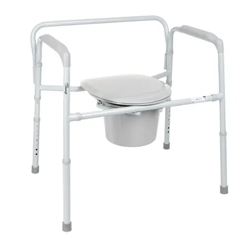 A sturdy, foldable bariatric commode chair with adjustable legs, armrests, a plastic seat lid, and a removable bucket for easy sanitation.