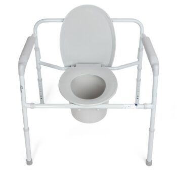 Top view of a foldable bariatric commode chair featuring a raised toilet seat with the lid open, padded armrests, adjustable legs, and a removable bucket beneath the seat.