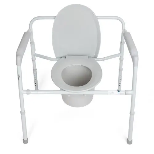 Top view of a foldable bariatric commode chair featuring a raised toilet seat with the lid open, padded armrests, adjustable legs, and a removable bucket beneath the seat.