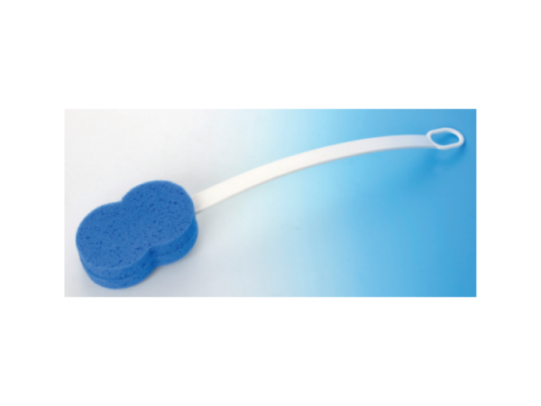 Blue, double-headed long-handled bath sponge for easy reach in shower, suitable for elderly or disabled individuals