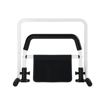 Foldable bedside support rail shown in compact position for easy storage and transport