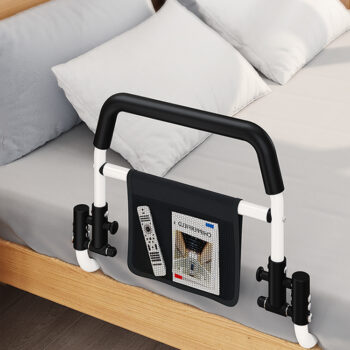 Bedside support rail featuring built in storage pocket for keeping essentials like phone and glasses within reach