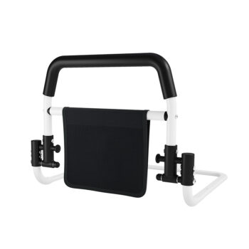 Bedside support rail featuring built in storage pocket for keeping essentials like phone and glasses within reach