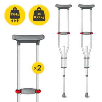 Adjustable axillary crutches with grey padded underarm rests and hand grips, designed for comfortable mobility support.