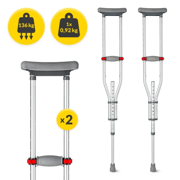 Adjustable axillary crutches with grey padded underarm rests and hand grips, designed for comfortable mobility support.