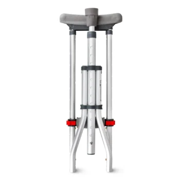 Folded height-adjustable axillary crutches with padded underarm support and visible adjustment markings for compact storage.