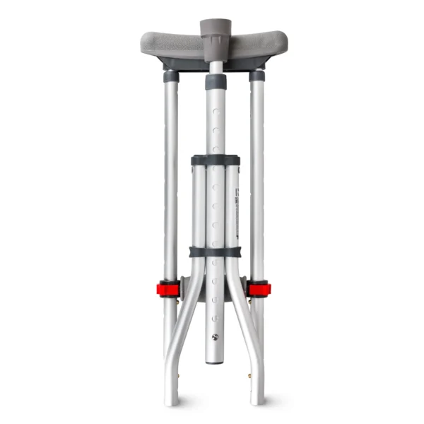 Folded height-adjustable axillary crutches with padded underarm support and visible adjustment markings for compact storage.