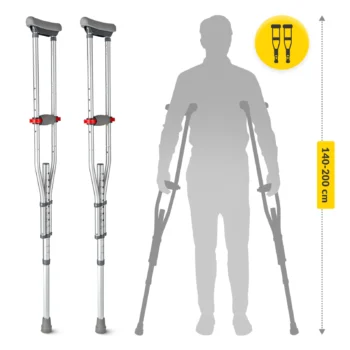 Height-adjustable axillary crutches beside a user silhouette with a measurement range of 140 to 200 cm, illustrating proper sizing.