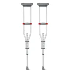 Photo of the Height Adjustable Underarm Crutches fully assembled and placed outside of the box, showing full structure and design