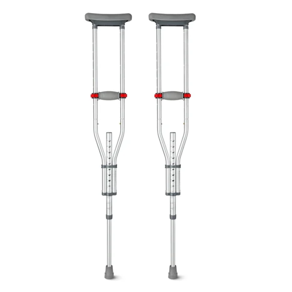 Pair of height-adjustable orthopedic axillary crutches with padded underarm and hand grips, designed for adults and teens