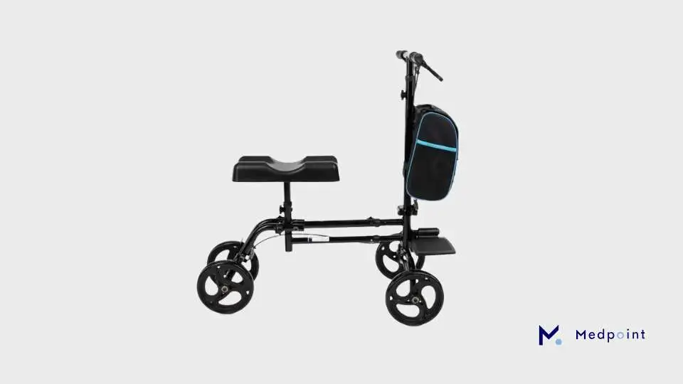 Side image of Medpoint's knee walker demonstrating the wheels and foot rest.