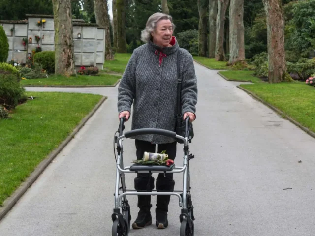 Elderly person using an outdoor rollator walker during an afternoon walk in the park.
