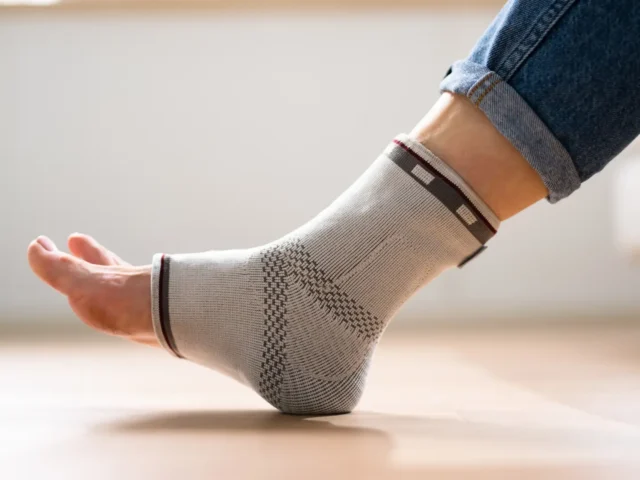 A woman using ankle support on her left foot.
