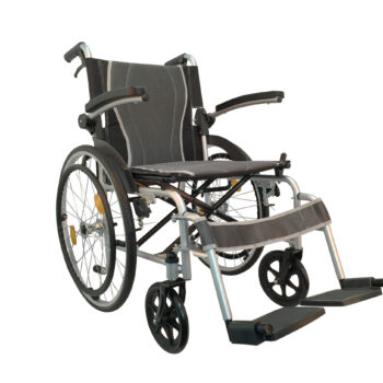 Full view of the Medpoint Ultralight Aluminium Wheelchair showing its lightweight aluminium frame, comfortable padded seat, large rear wheels with hand rims, and carer brakes—designed for easy transport and everyday mobility support.