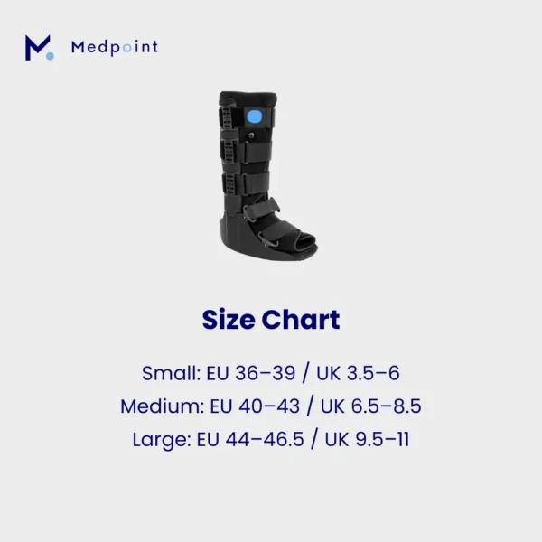 The long orthopaedic boot's size chart.