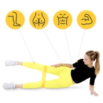 Woman standing with resistance band around ankles in home gym