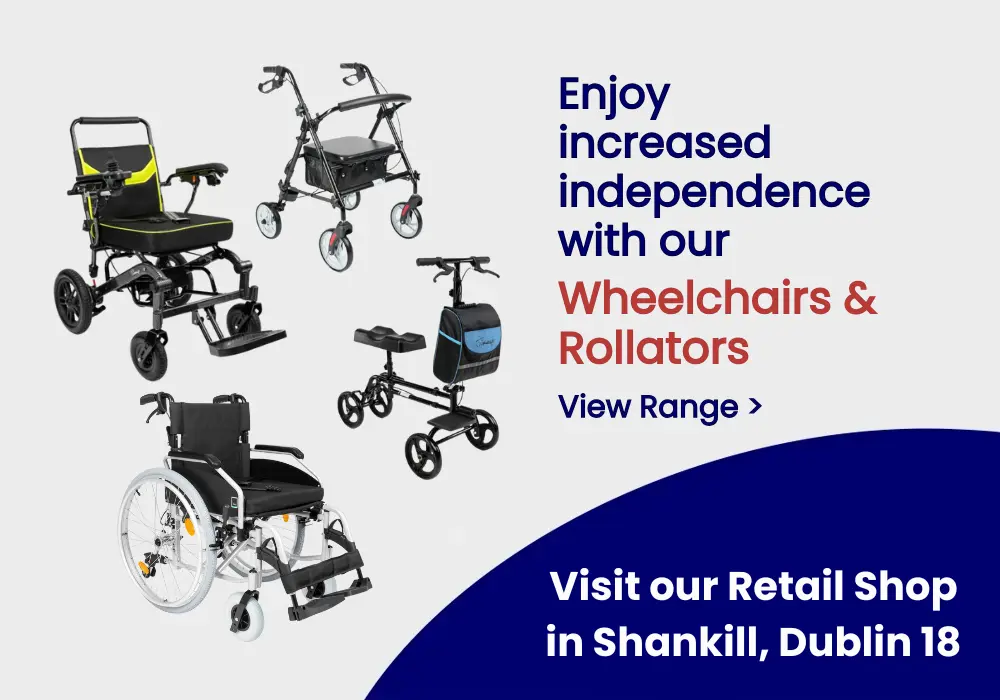 Showing our range of mobility aids including wheelchairs, rollators and knee walkers.