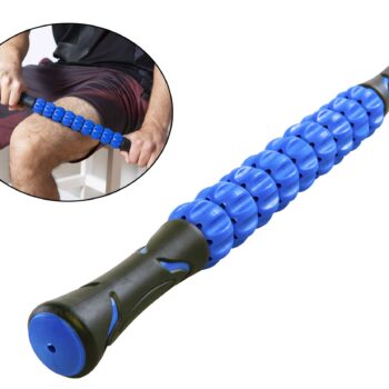 Athlete using a muscle massage roller stick on leg for post-workout recovery
