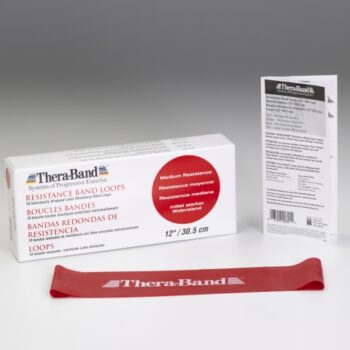 Red Thera-Band looped exercise band featuring medium resistance level alongside original packaging.