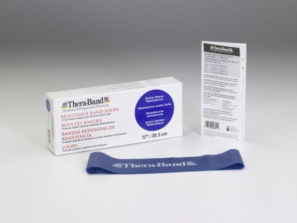 Blue Thera-Band looped exercise band showing extra strong resistance level alongside its original packaging.