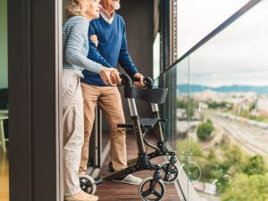 Small rollator tri walker with 3 wheels, providing enhanced maneuverability and support. Compact design ideal for those looking for a lightweight mobility aid for easier movement